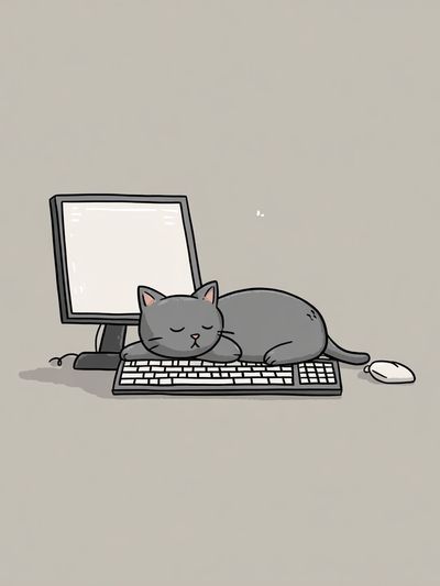 Sleeping Cat on Computer Keyboard — Cartoon Print. poster