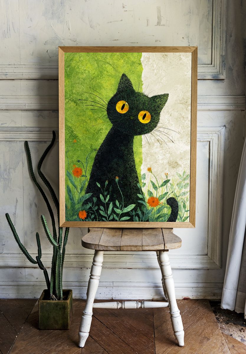 Black Cat in Meadow Illustration Poster. room preview