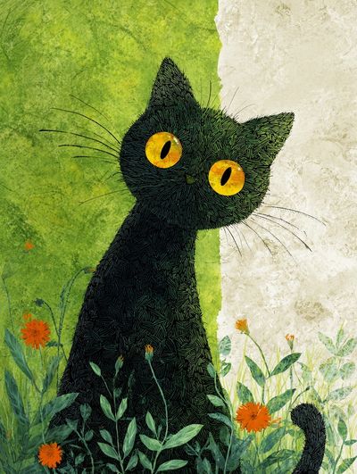Black Cat in Meadow Illustration Poster. poster