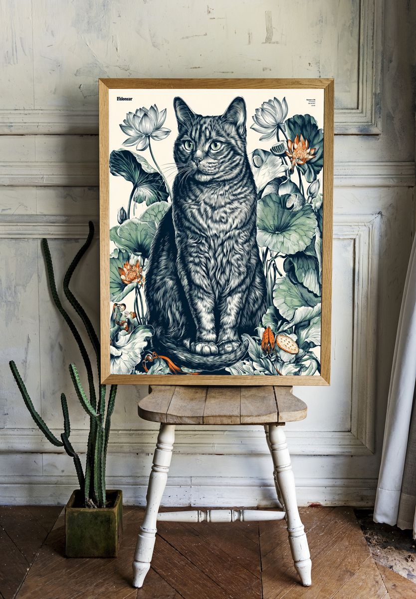 Cat Among Lotus Flowers — Illustration Print. — room view 1