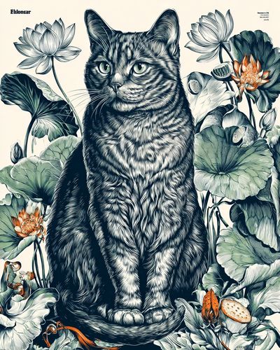 Cat Among Lotus Flowers — Illustration Print. poster