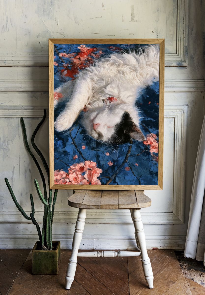 Sleeping Cat Floral Illustration Poster. — room view 1