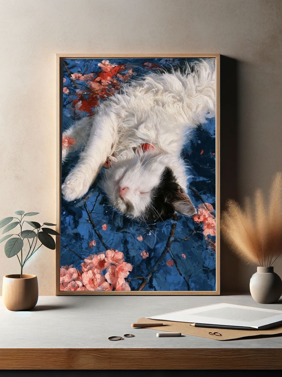 Sleeping Cat Floral Illustration Poster. — room view 2