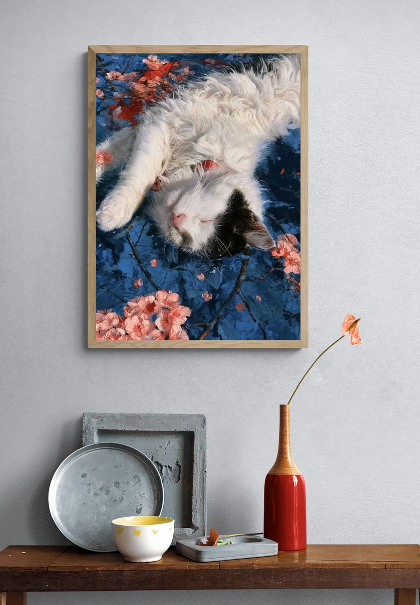 Sleeping Cat Floral Illustration Poster. — room view 3