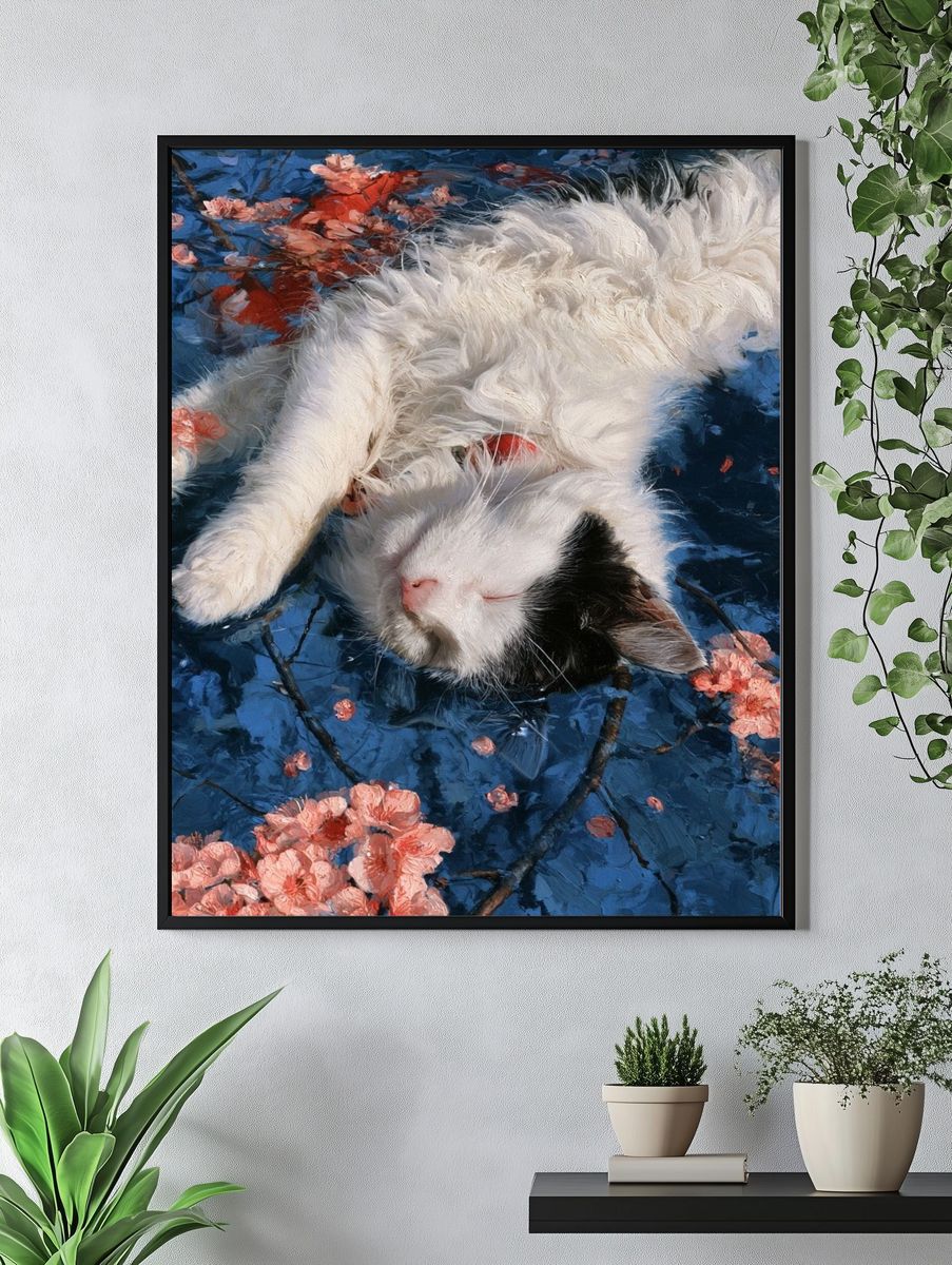 Sleeping Cat Floral Illustration Poster. — room view 4