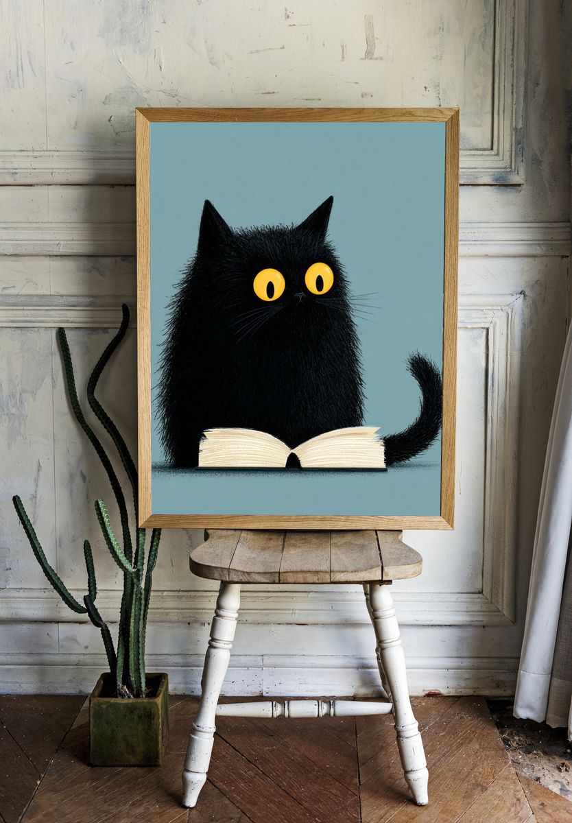 Black Cat Reading Illustration Poster. room preview