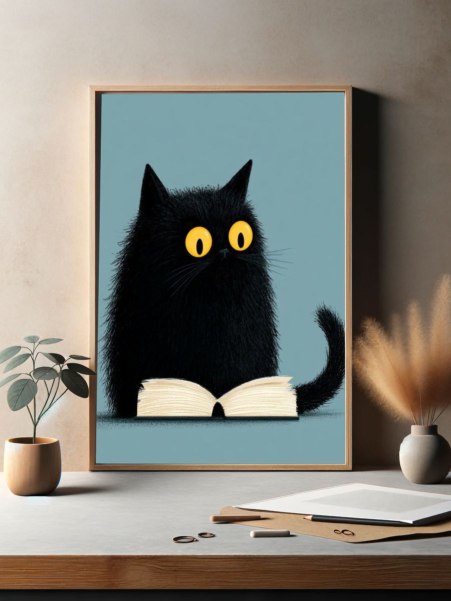Black Cat Reading Illustration Poster. — room view 2