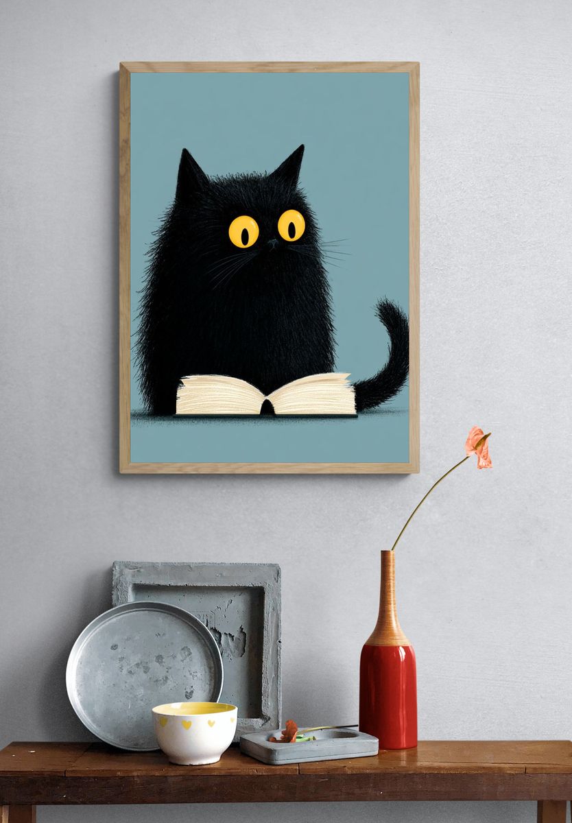 Black Cat Reading Illustration Poster. — room view 3