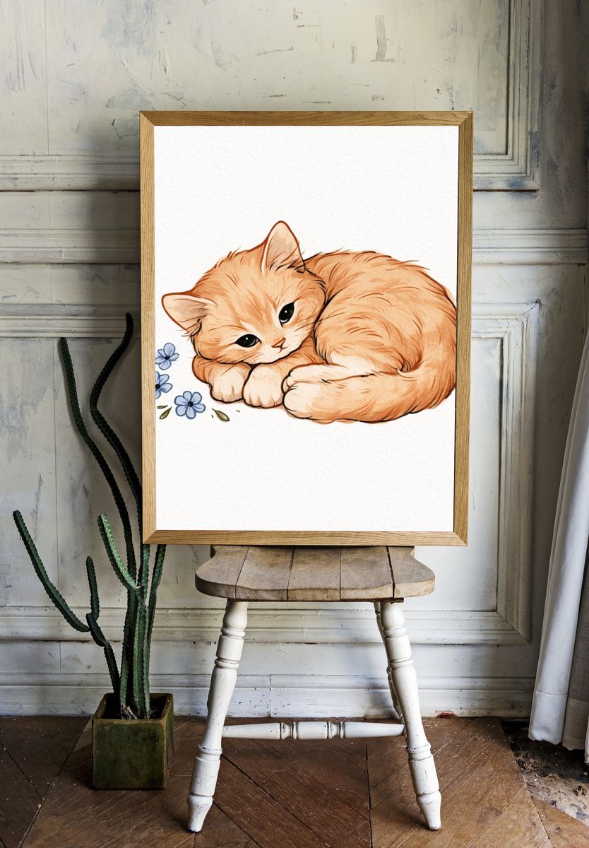 Sleeping Ginger Cat Watercolor Print. — room view 1