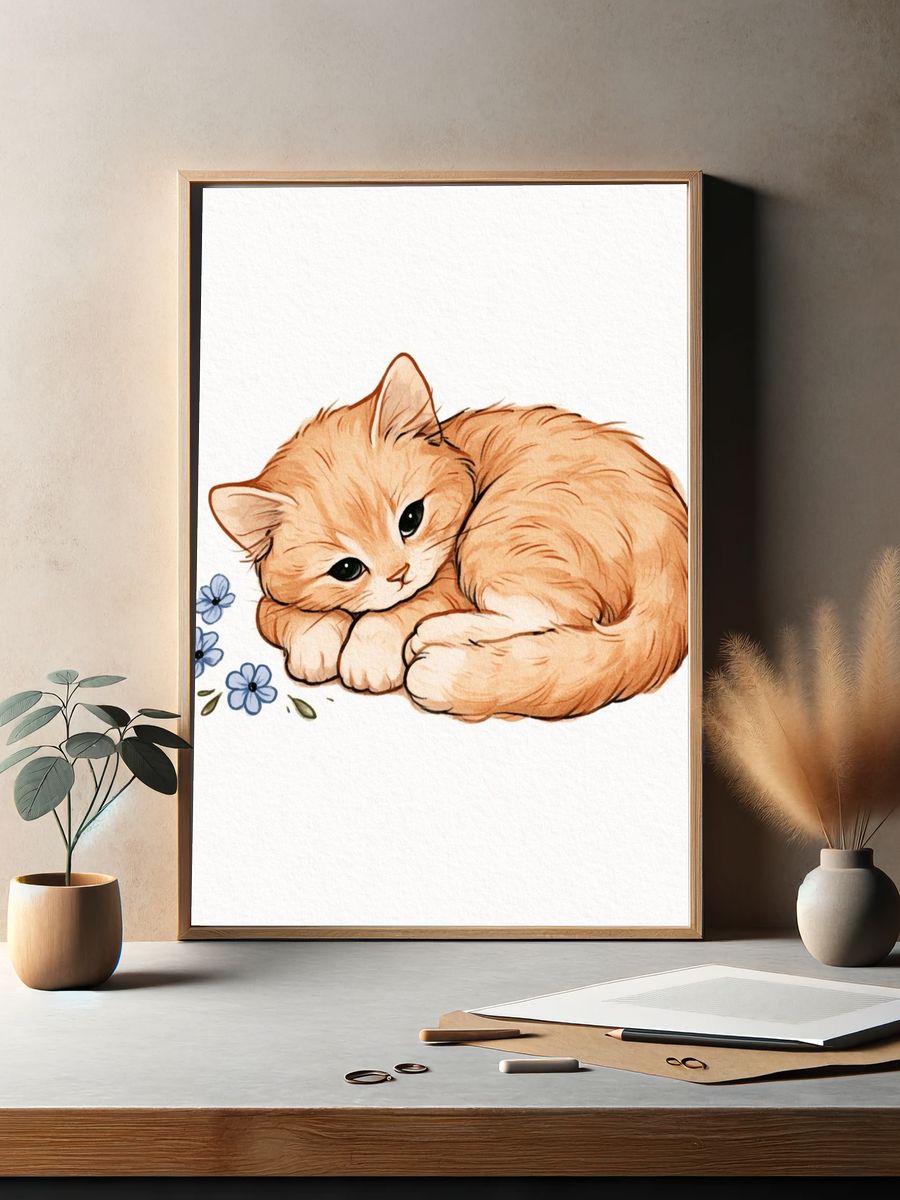 Sleeping Ginger Cat Watercolor Print. — room view 2