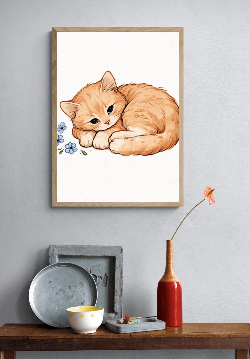 Sleeping Ginger Cat Watercolor Print. — room view 3