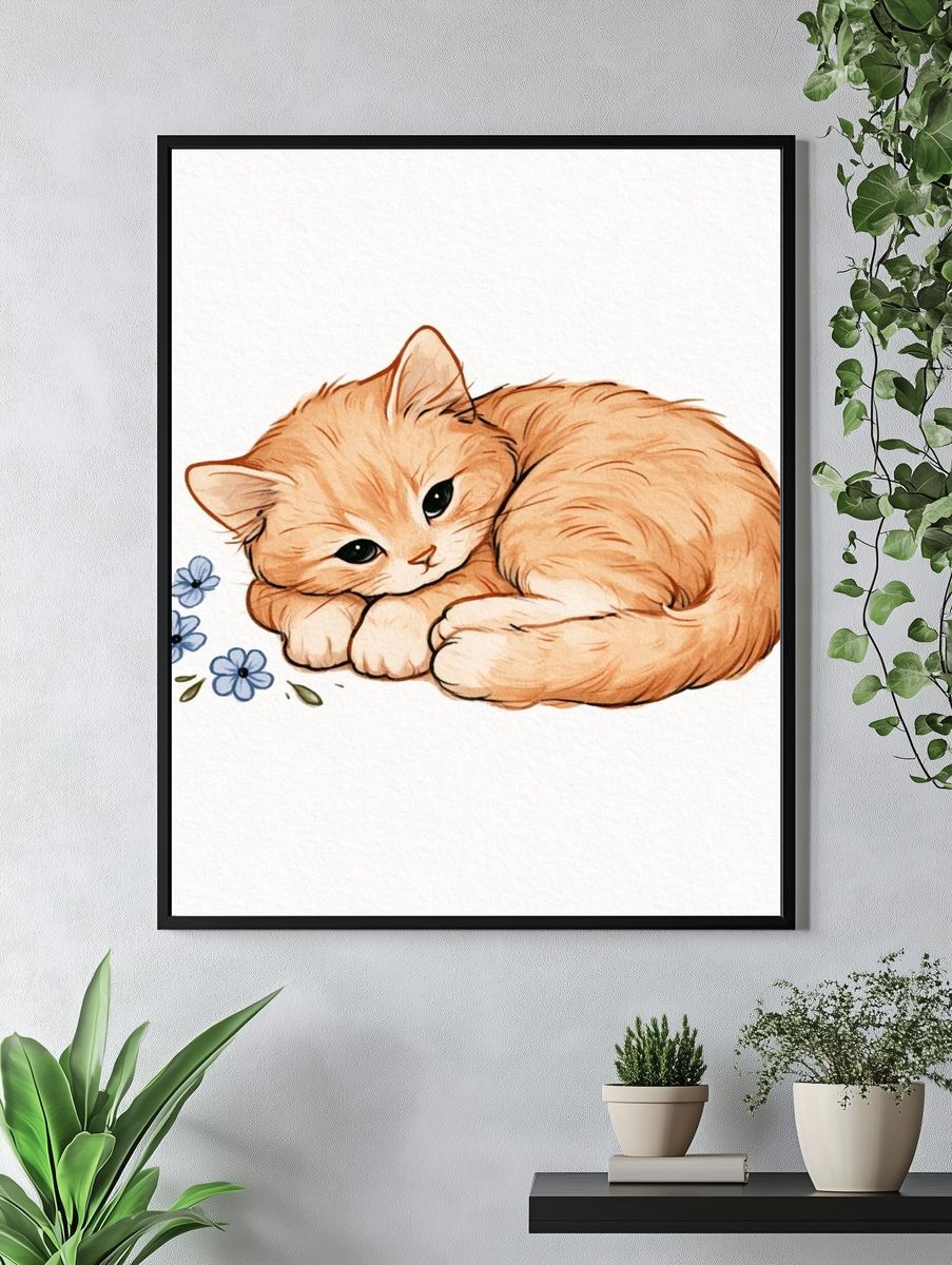 Sleeping Ginger Cat Watercolor Print. — room view 4