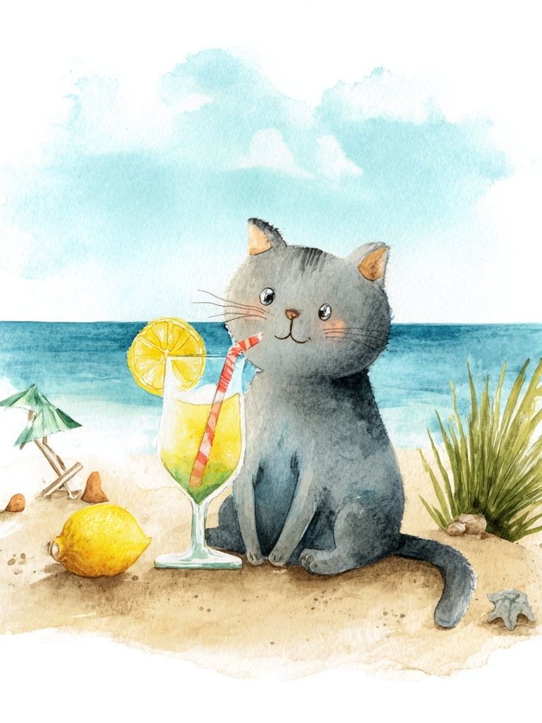 Cute Cat with Cocktail — Watercolor Print. poster detail