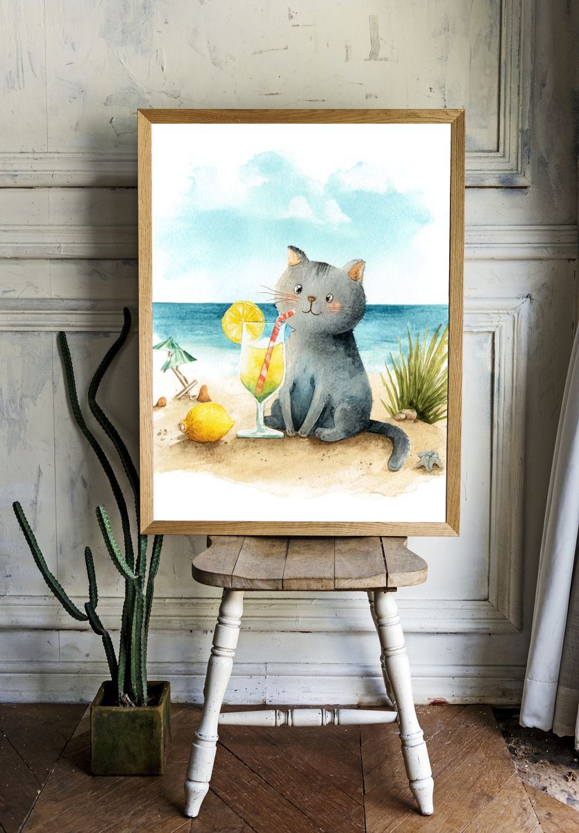 Cute Cat with Cocktail — Watercolor Print room preview