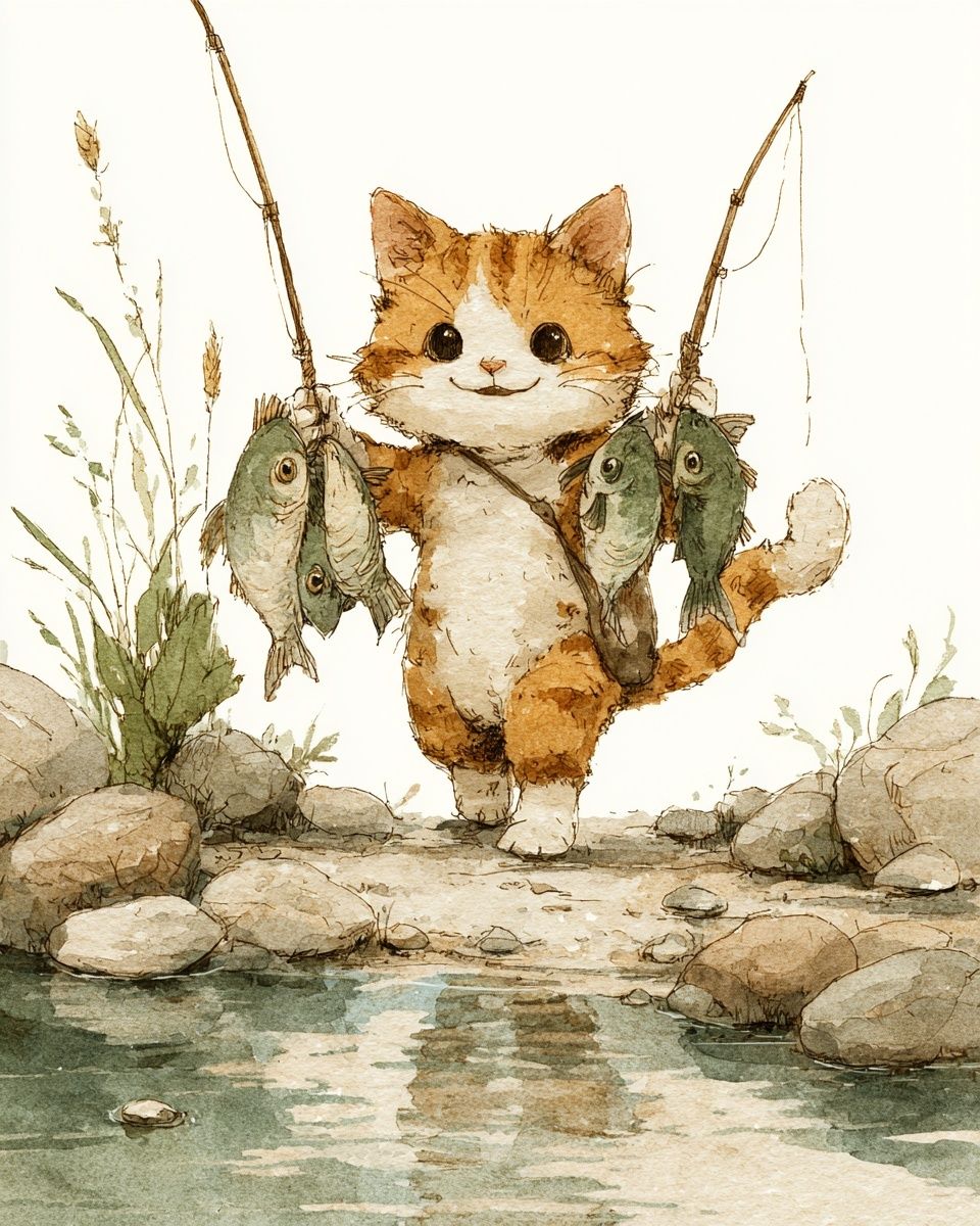 Fishing Cat Watercolor Poster. poster detail