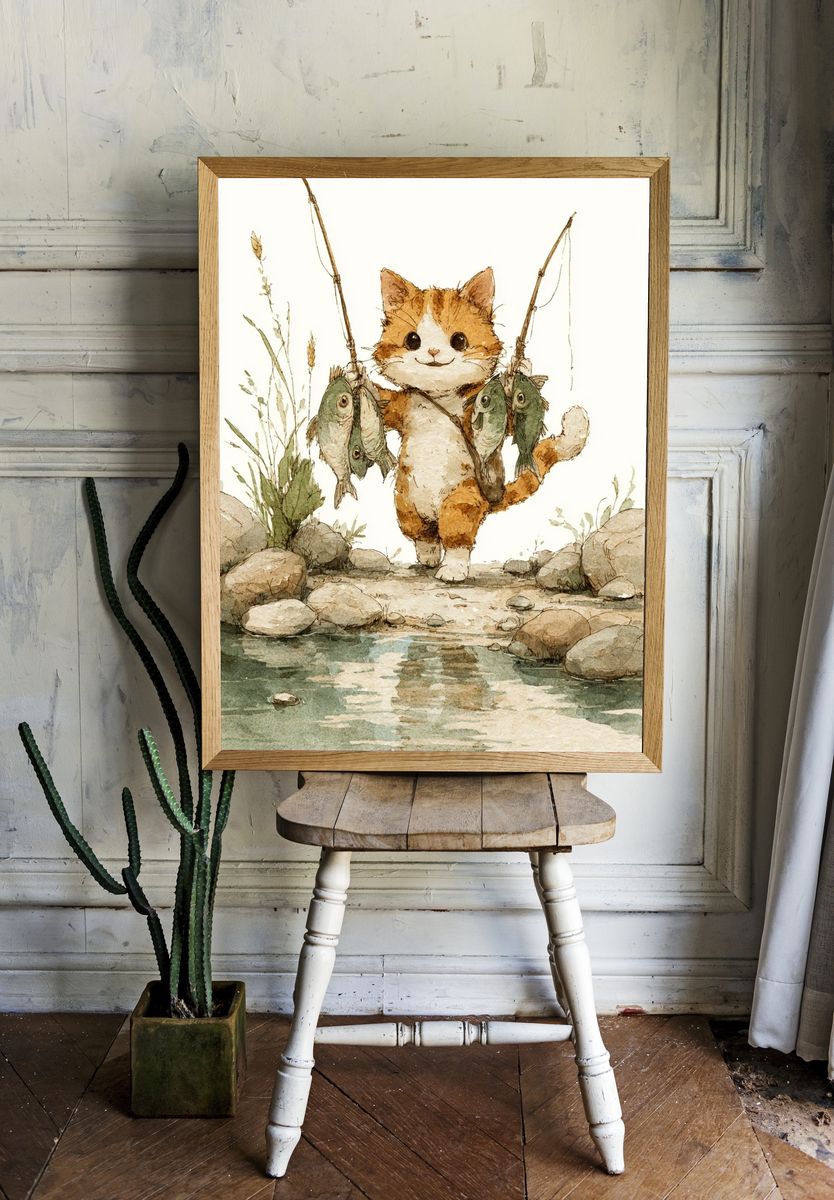 Fishing Cat Watercolor Poster. room preview