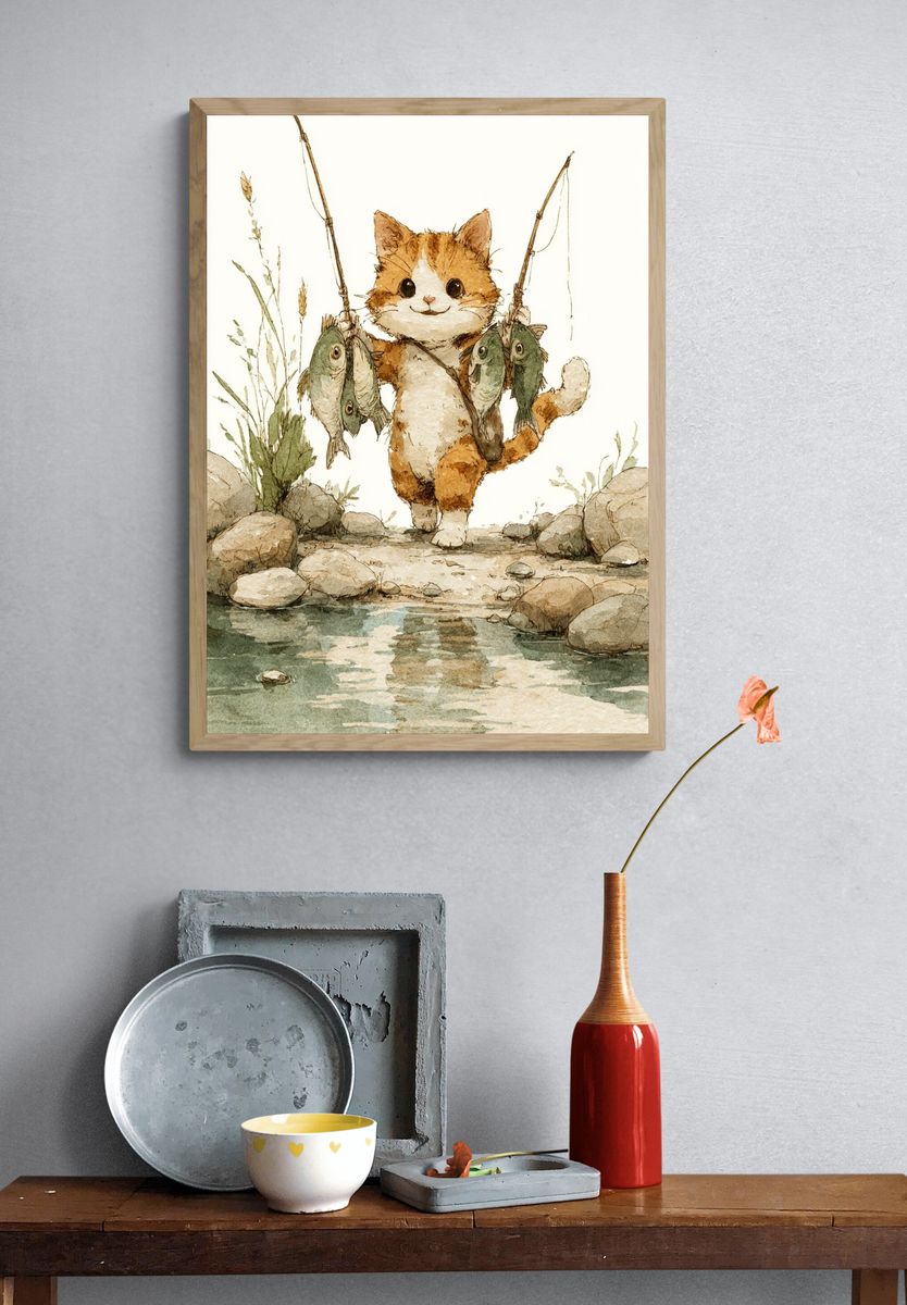 Fishing Cat Watercolor Poster. — room view 3