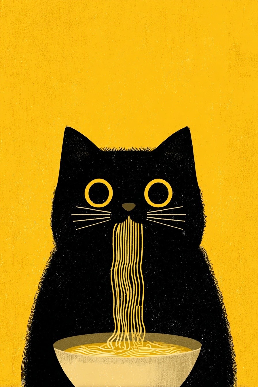 Cat Eating Noodles — Illustration Print. poster — illustration art