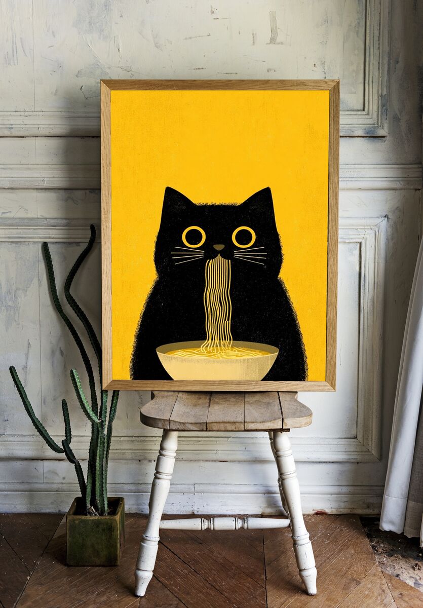 Cat Eating Noodles — Illustration Print. — room view 1