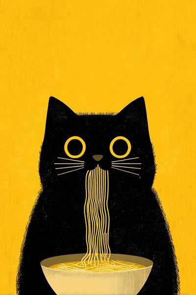 Cat Eating Noodles — Illustration Print. poster