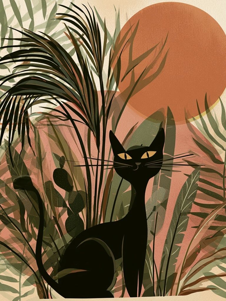 Black Cat Jungle Sunset Poster. poster detail