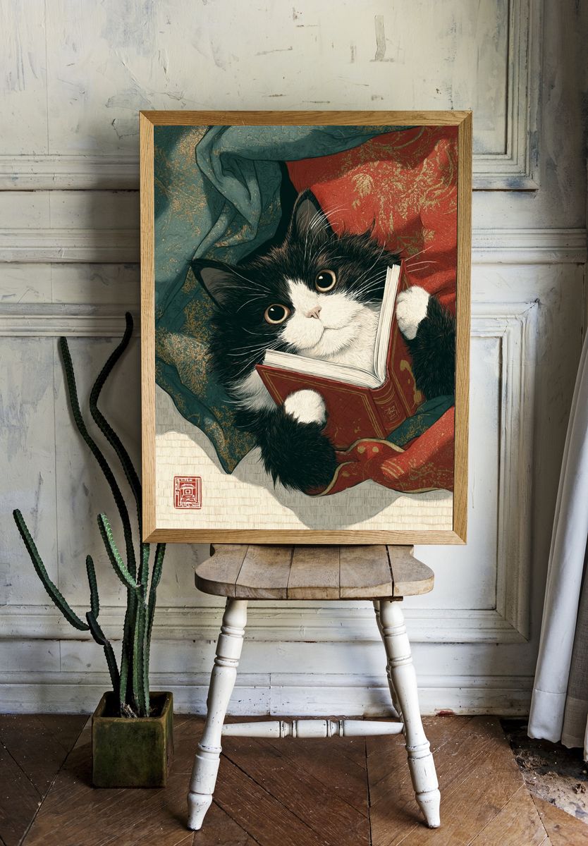 Cat Reading a Book — Illustration Print. room preview