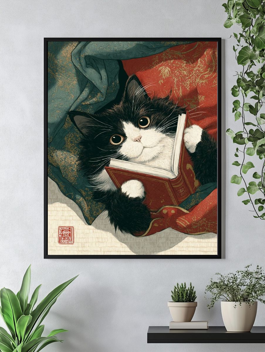 Cat Reading a Book — Illustration Print. — room view 4