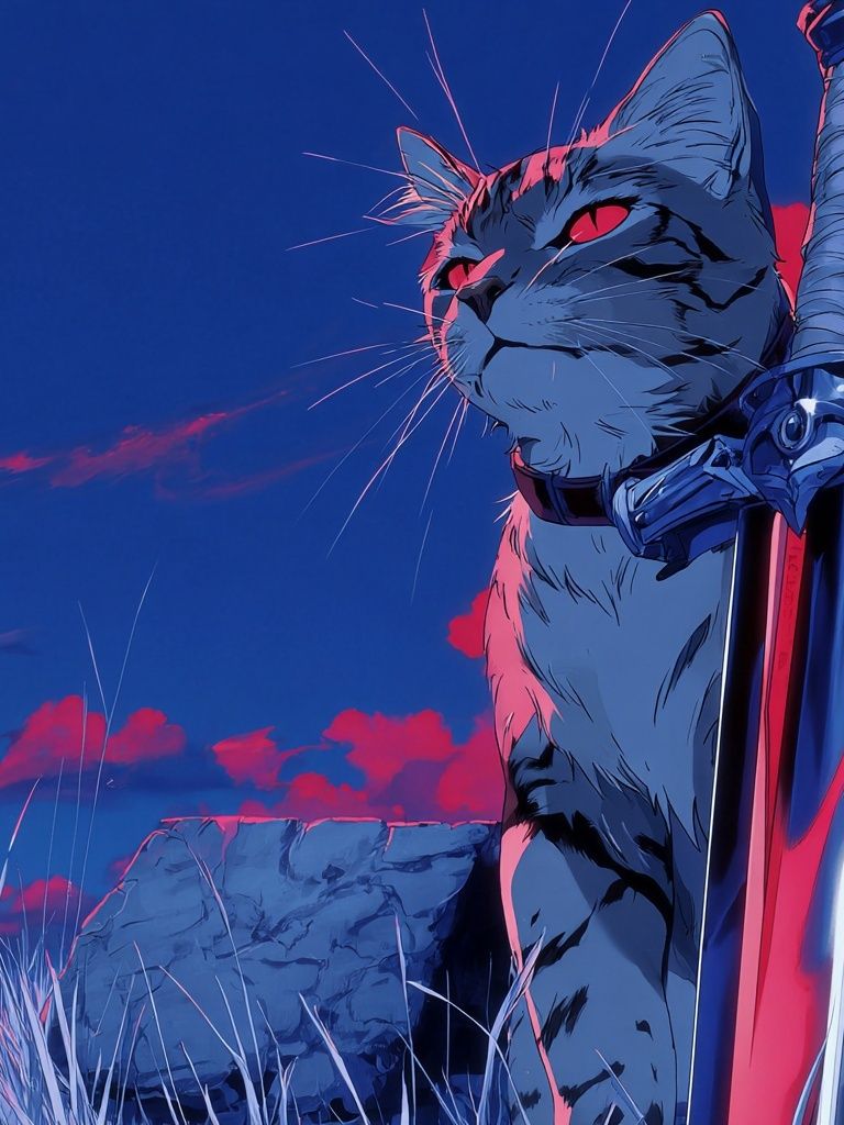 Fierce Cat with Sword — Anime Print.