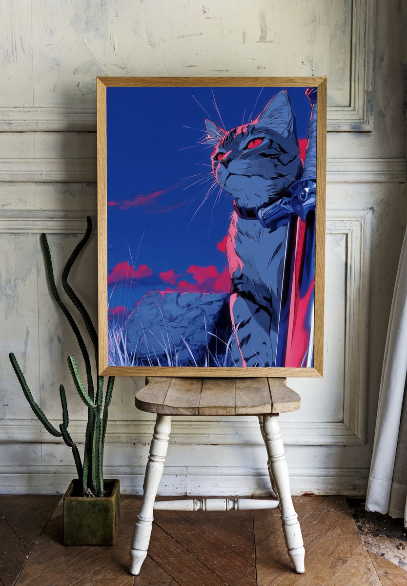 Fierce Cat with Sword — Anime Print. — room view 1