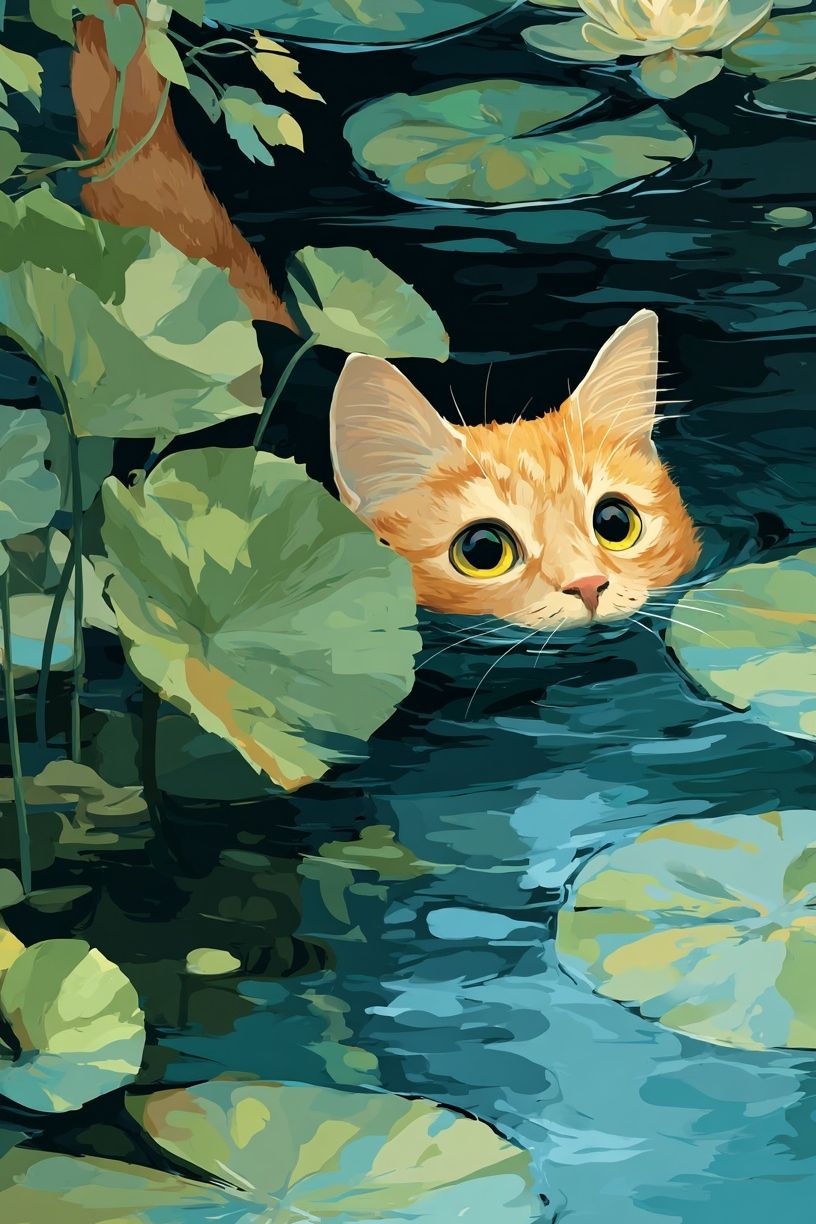 Curious Cat in Water Lilies — Illustration Print. poster detail