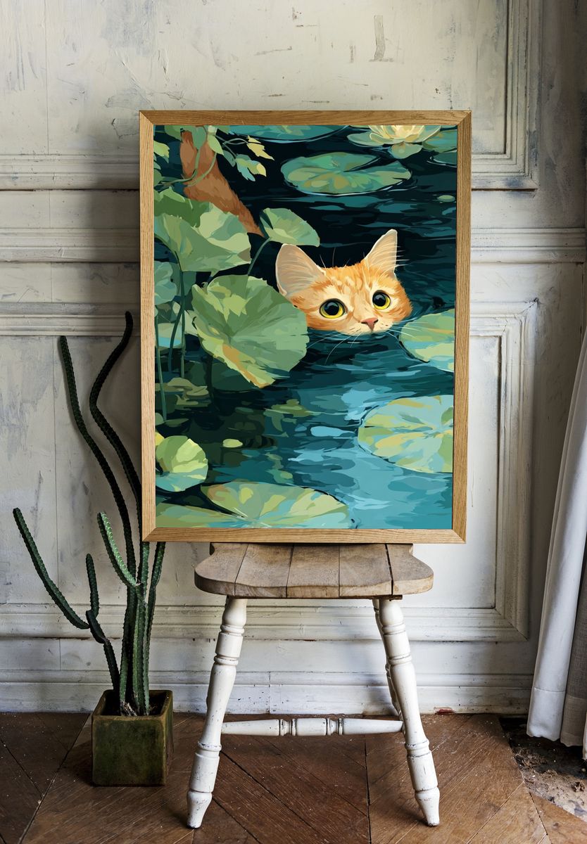 Curious Cat in Water Lilies — Illustration Print. room preview