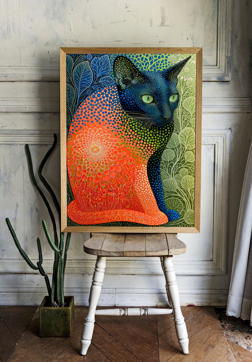 Colorful Cat Botanical Poster. — room view 1