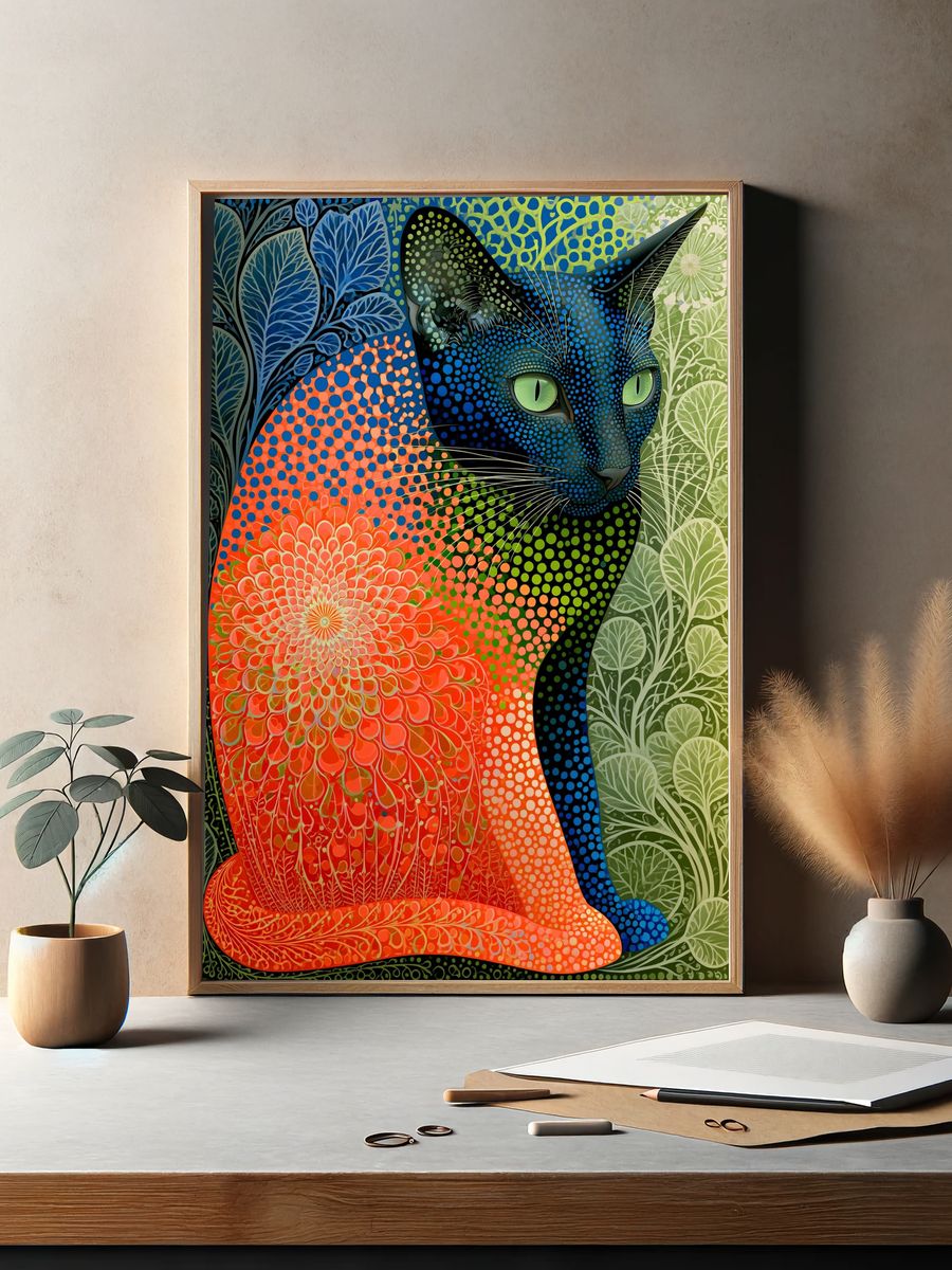 Colorful Cat Botanical Poster. — room view 2