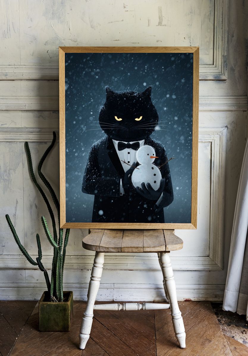 Black Cat Snowman Illustration Poster. room preview