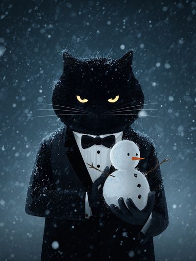 Black Cat Snowman Illustration Poster. poster