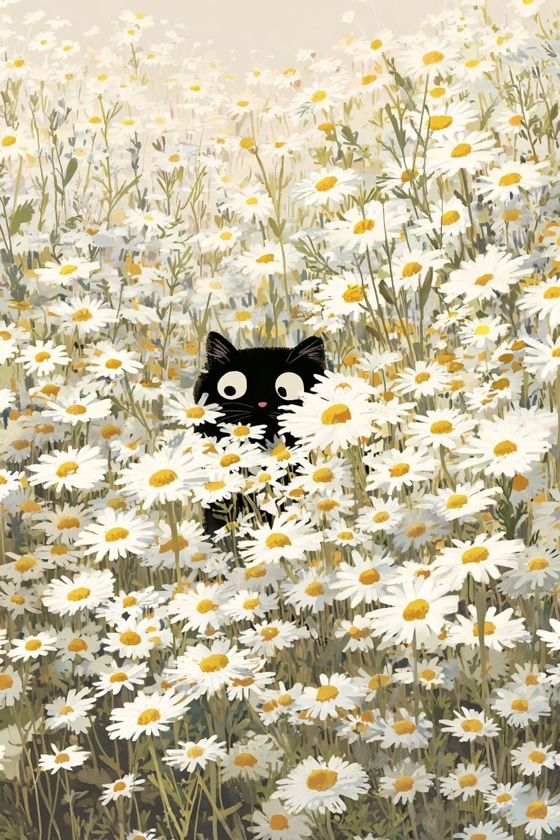 Black Cat in Daisy Field — Illustration Print. poster — illustration art