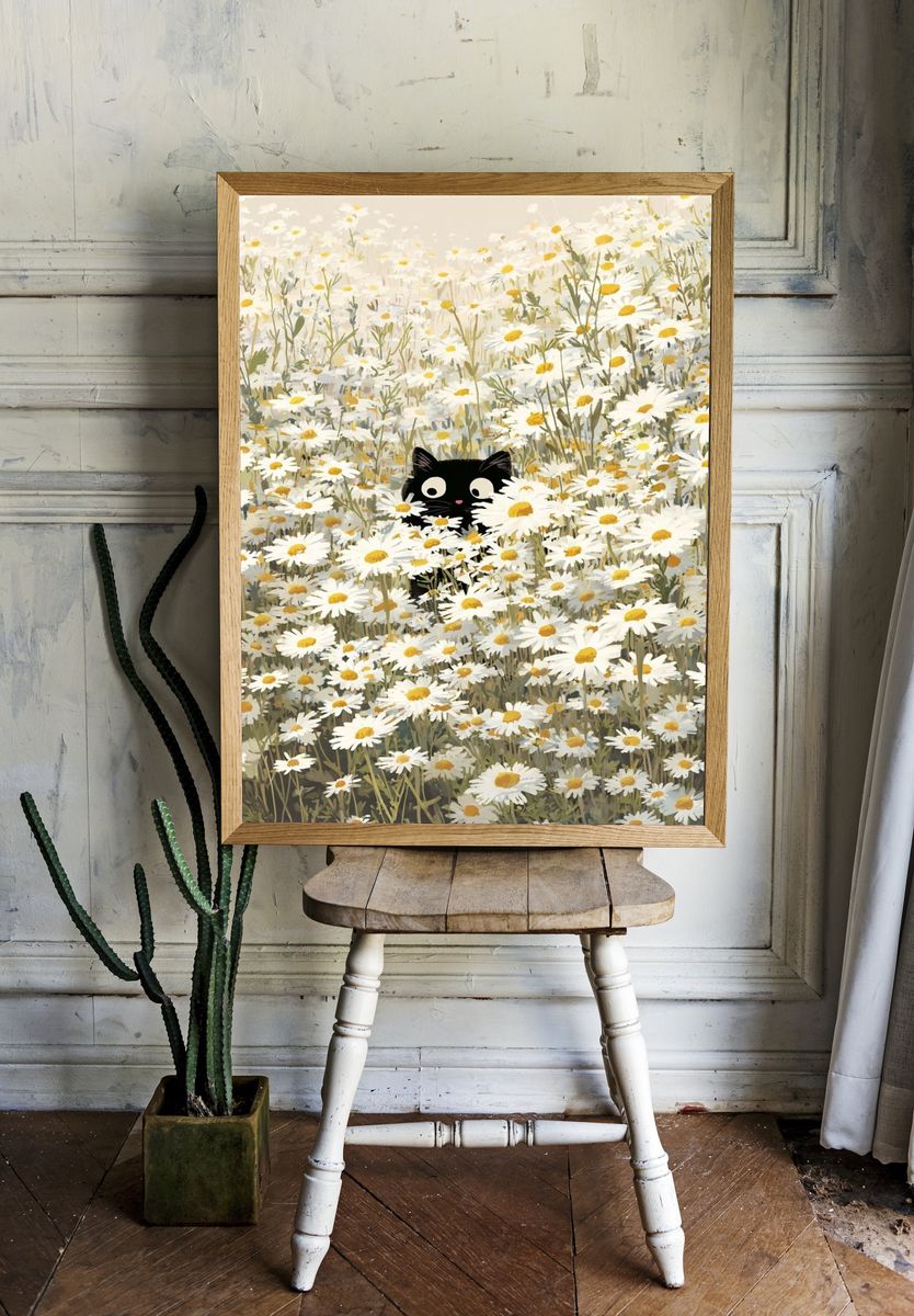 Black Cat in Daisy Field — Illustration Print. room preview