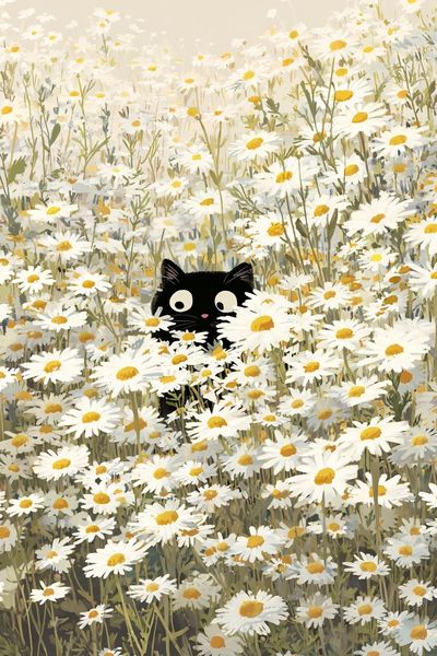 Black Cat in Daisy Field — Illustration Print. poster
