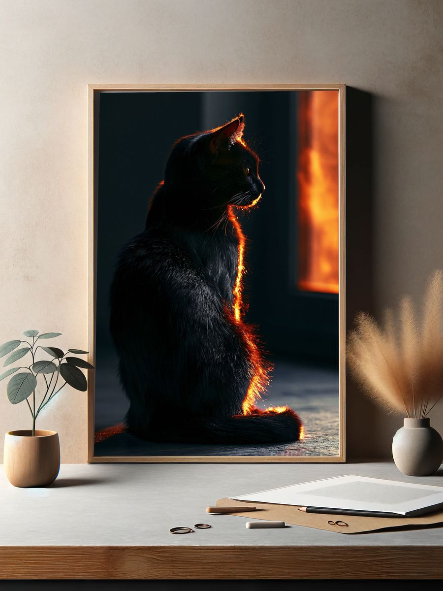Backlit Black Cat Photography Poster. — room view 2
