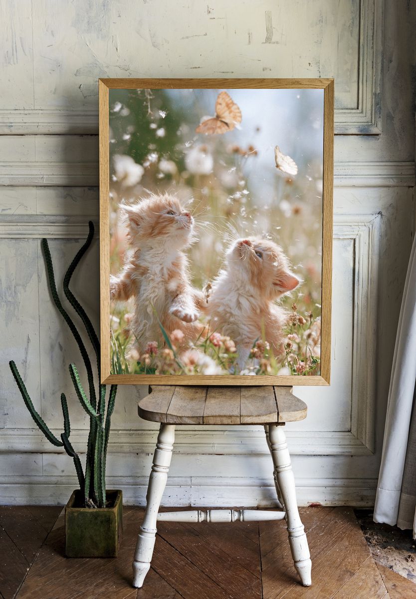 Playful Kittens in Meadow Photography Poster. — room view 1