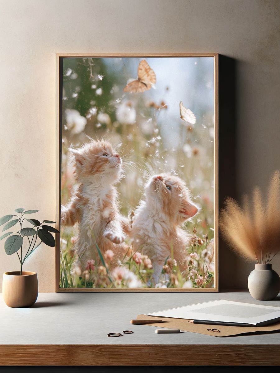 Playful Kittens in Meadow Photography Poster. — room view 2