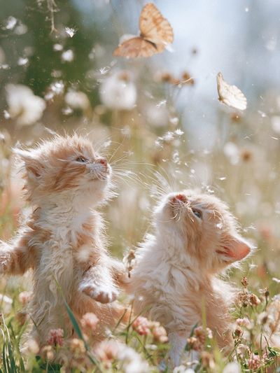Playful Kittens in Meadow Photography Poster. poster