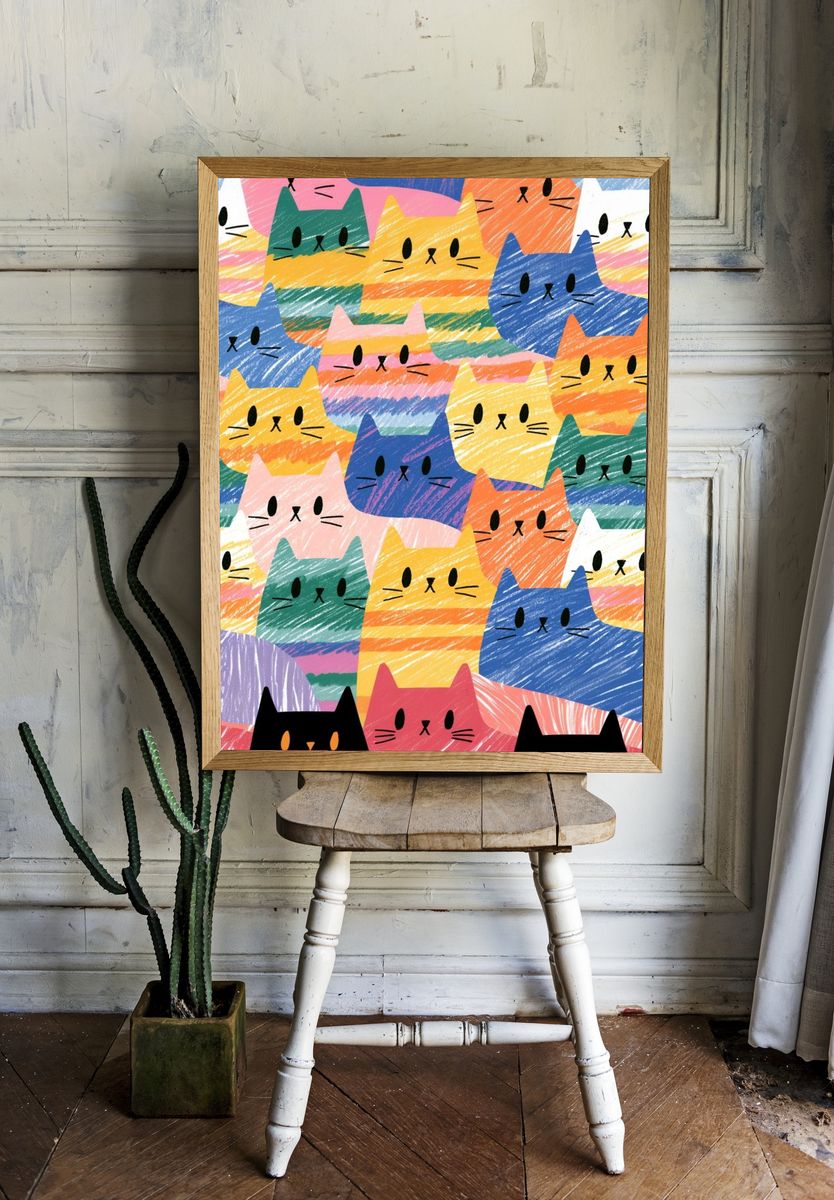 Colorful Cats Illustration Poster. — room view 1