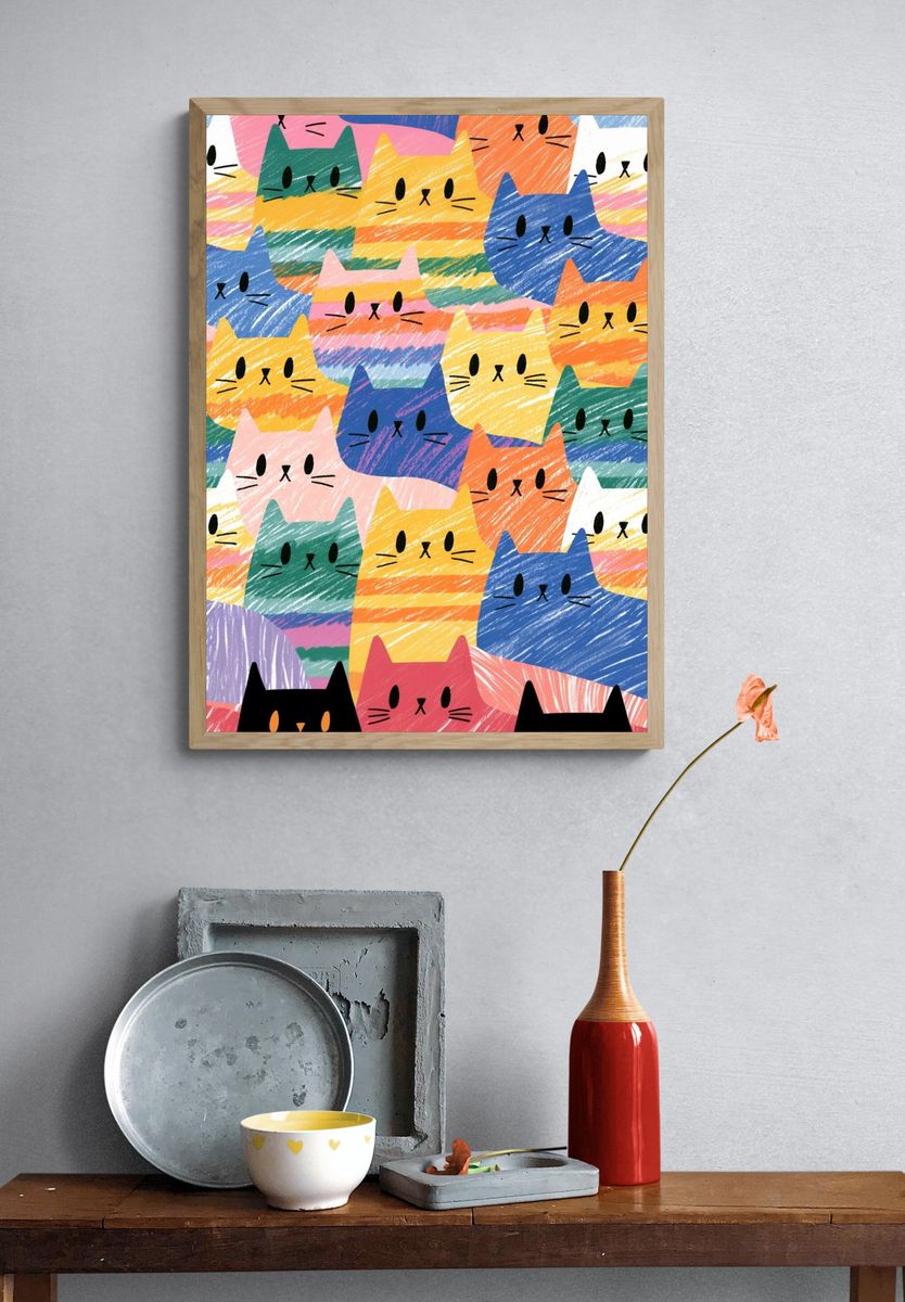 Colorful Cats Illustration Poster. — room view 3