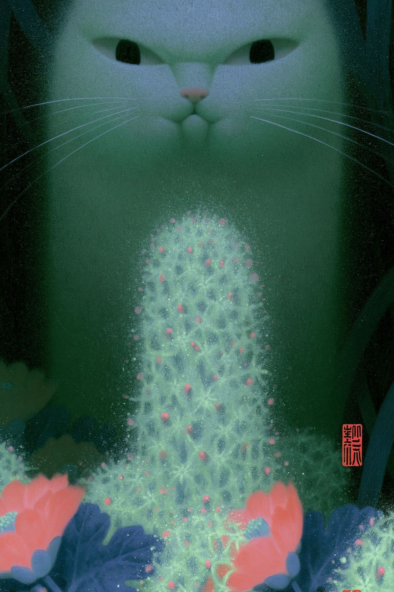 Dreamy Cat and Flowers Illustration Poster. poster detail
