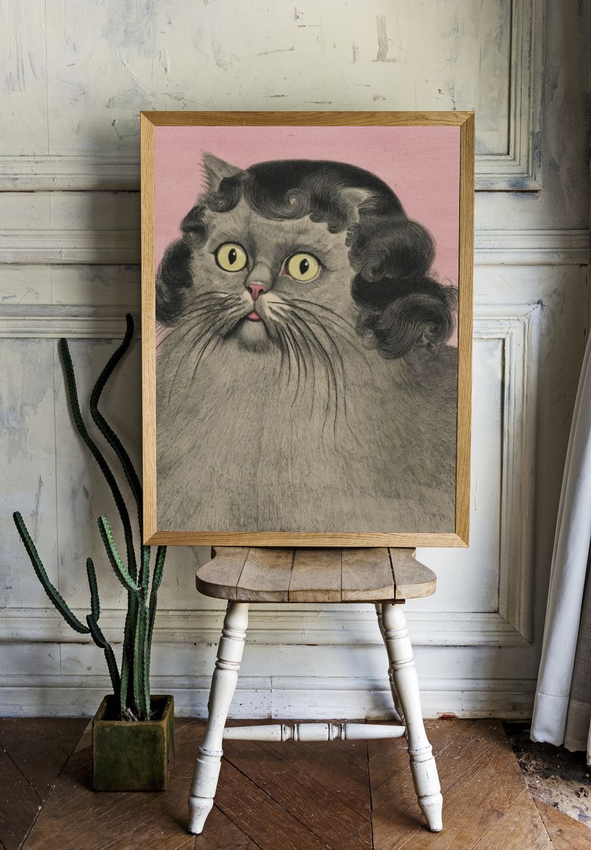 Curly Cat Portrait Illustration Poster. — room view 1