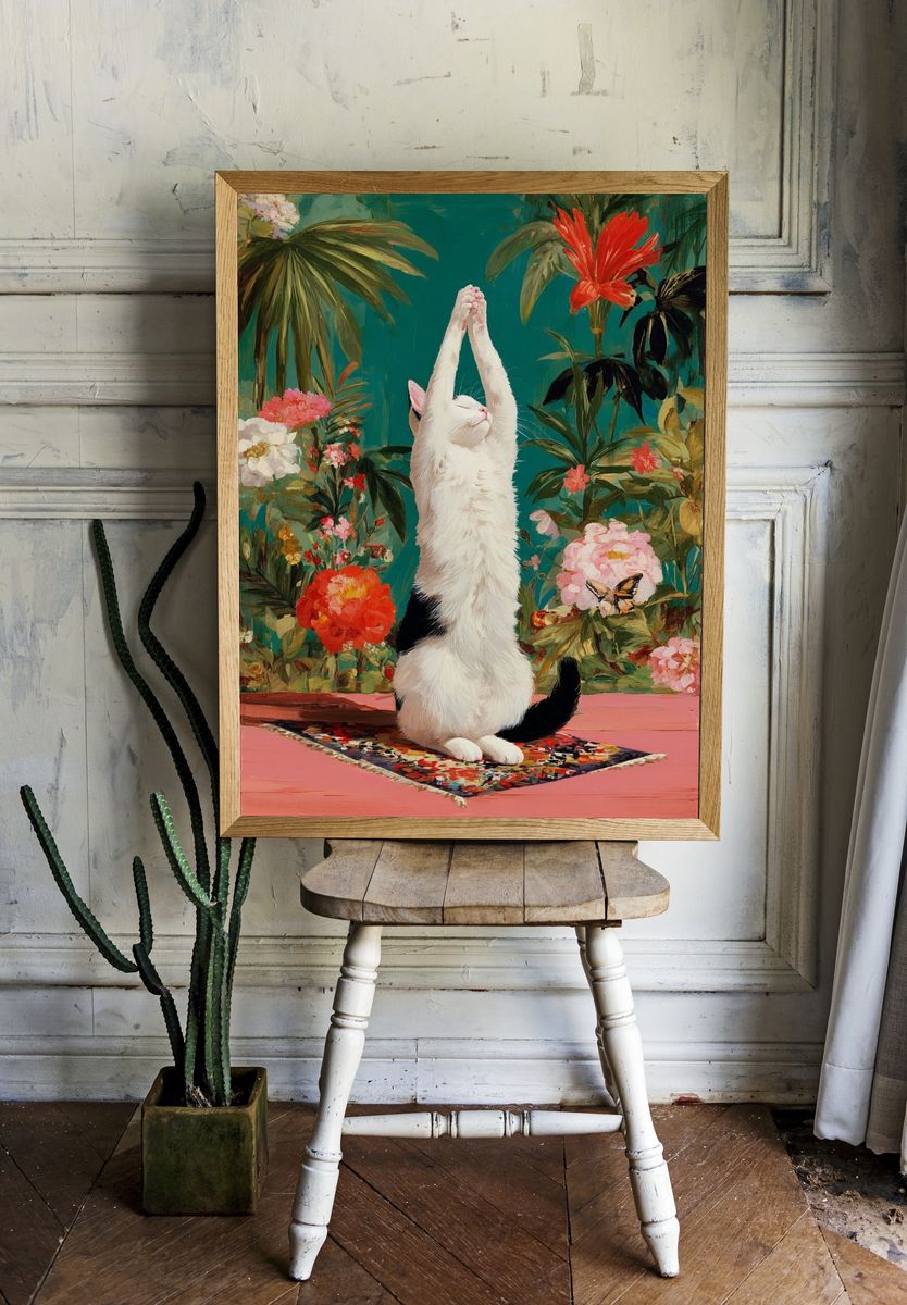 Stretching Cat — Botanical Print. room preview