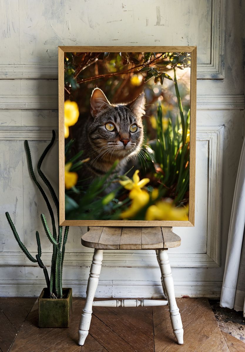 Curious Cat in Blooming Garden Poster room preview