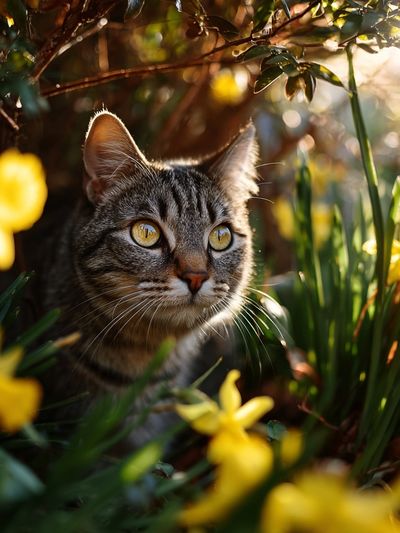 Curious Cat in Blooming Garden Poster. poster