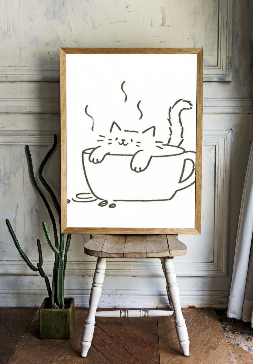Cat in Coffee Cup Illustration Print. room preview